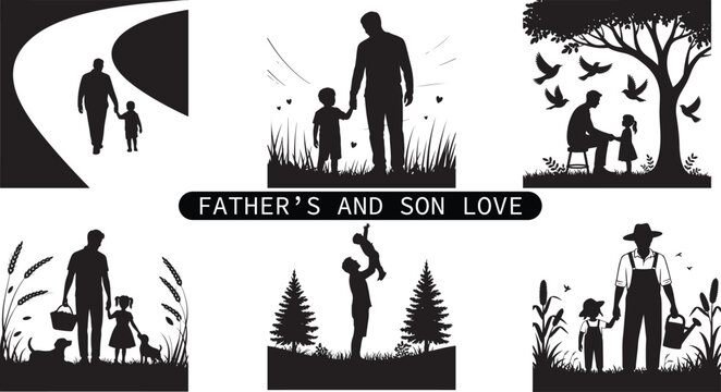 Black silhouette collection featuring fathers walking and playing with children in nature under peaceful tree scenery