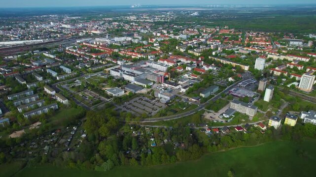 Aerial view around the old town of the city Cottbus in east Germany on a sunny spring day