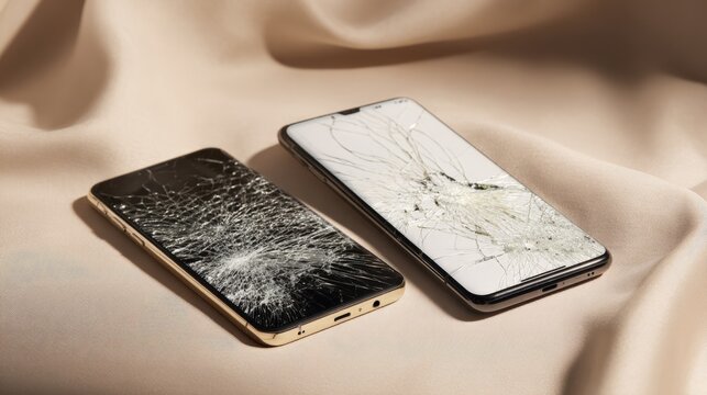 Two smartphones lie cracked on soft beige fabric. Glass fractures spread across both devices. One phone shows dark, smudged damage. The other displays bright, shattered screen