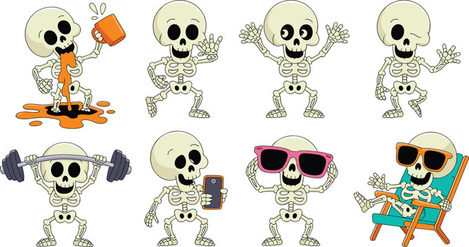 Cute Cartoon Skeleton Character Icon Set with Funny Poses Drinking Coffee Lifting Weights Wearing Sunglasses and Relaxing for Halloween Vector Designs