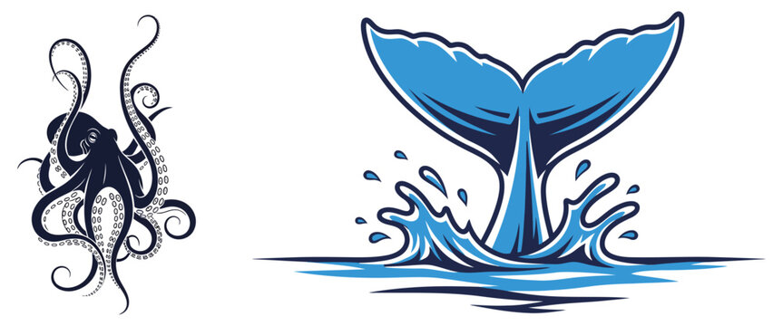 Sea creature illustrations of octopus and whale tail