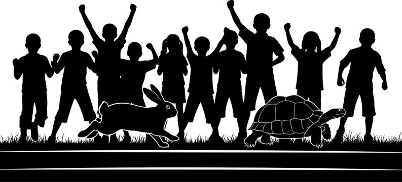 Silhouette illustration of children cheering on a running rabbit and a turtle