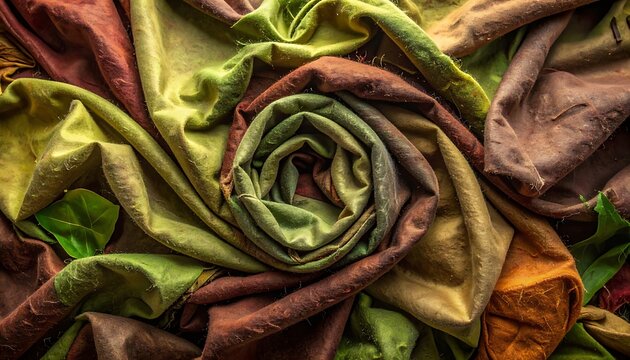 Textured fabric with swirling pattern, organic earth tones, natural fibers, layered cloth, detailed textile surface, abstract background