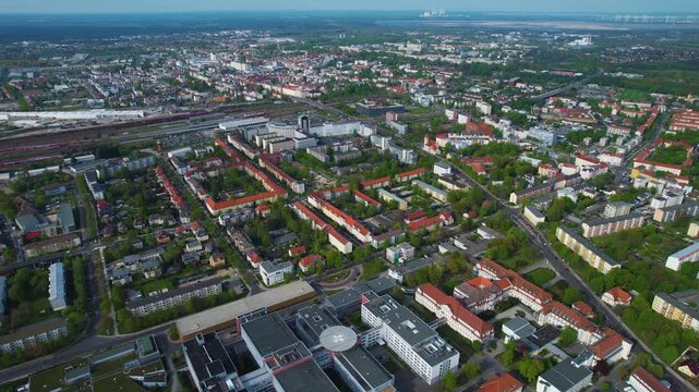 Aerial view around the old town of the city Cottbus in east Germany on a sunny spring day