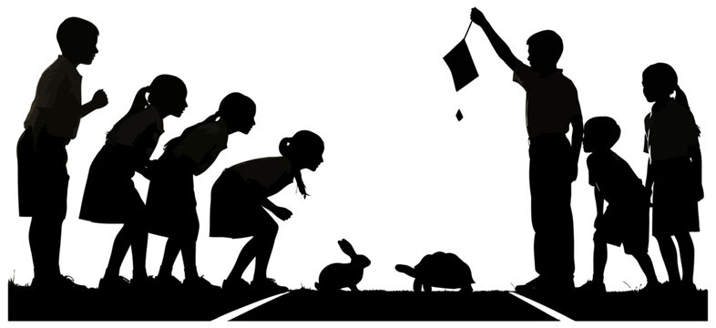 Children observing a tortoise and hare race silhouette