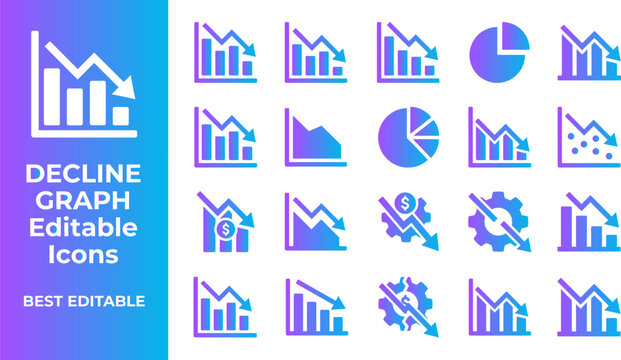 Graphic set of decline graph editable icons with arrows and chart elements.