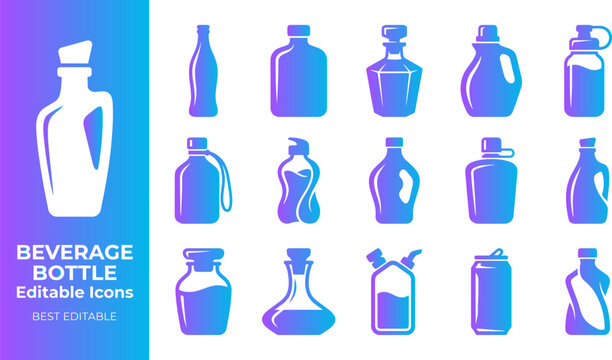 Variety of beverage bottle editable icons representing different container shapes and types.