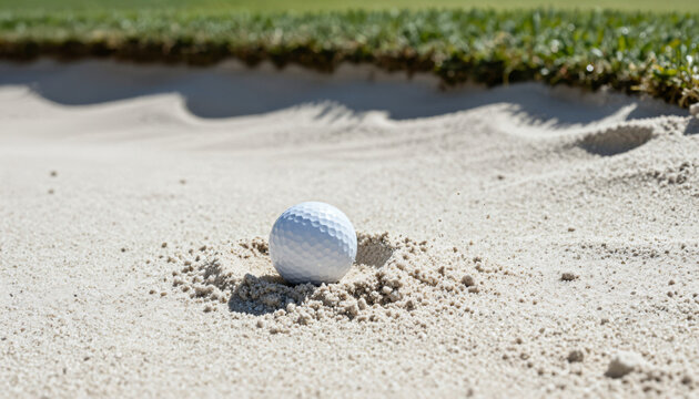 Golfball im Sandbunker Nahaufnahme