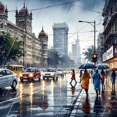 Fototapeta premium Rainy Urban Street with Pedestrian and Traffic in Historic City Center