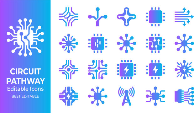 Circuit pathway editable icons set, connection points, electronic components, data flow, technology symbols.