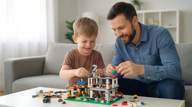 Father and son building toy house with plastic blocks on coffee table. Family bonding through creative play in living room.