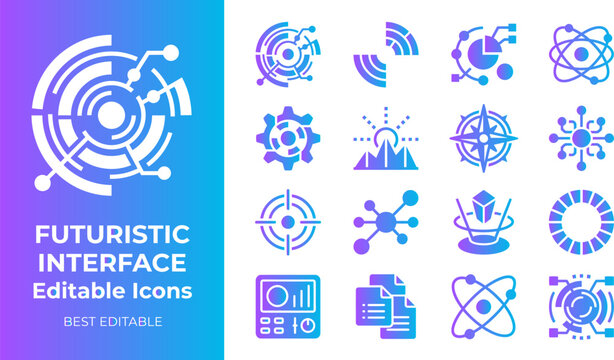 Futuristic interface editable icons set digital ui elements and data visualization technology symbols.