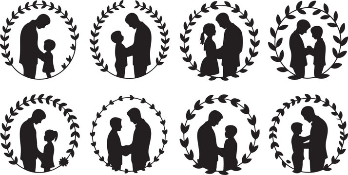 Collection of decorative round icons featuring silhouettes of parents and children within floral circular borders