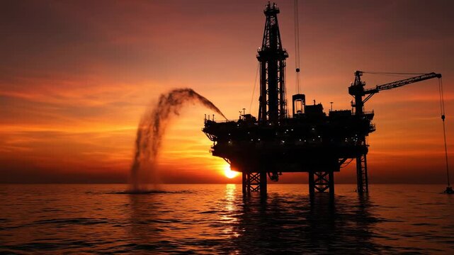 Silhouette of offshore oil rig at sunset, with a water fountain effect