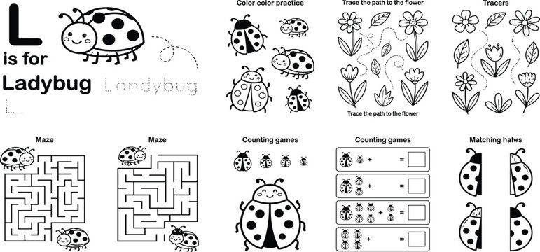 Ladybug Educational Worksheet Collection Featuring Alphabet Learning, Mazes, Counting Games, Tracing Activities, Matching Exercises, and Preschool Practice Pages
