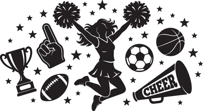 Black cheerleader icon with sports equipment and stars