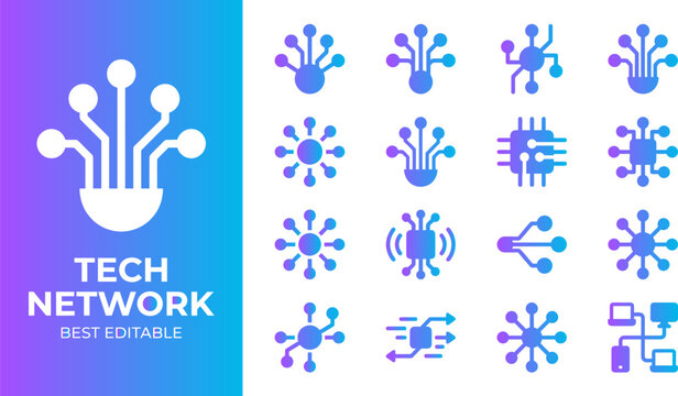 Tech network connection icon set editable gradient filled circuits nodes and links.
