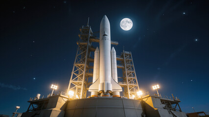 Fototapeta premium Spacecraft standing on launch pad under full moon at night. Rocket ready for mission at spaceport with floodlights.