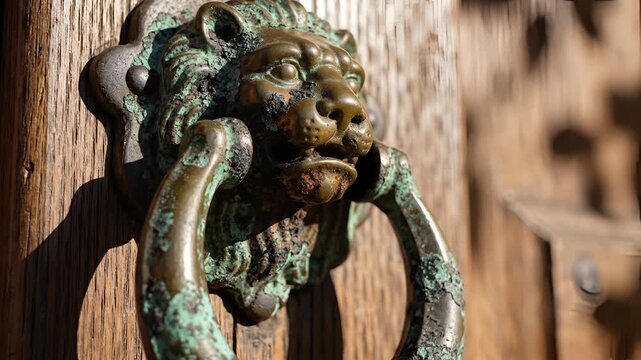 Antique Lion Head Door Knocker on Wooden Door Closeup.