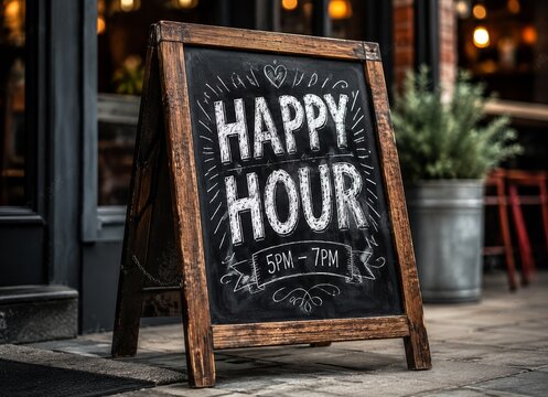 A board with the inscription Happy Hour at the cafe. Wooden sign on the street, chalk, the time of the action is indicated, entrance to the bar.