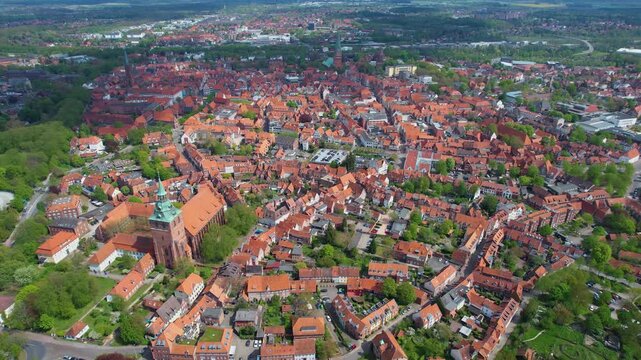 Aerial view around the old town of the city L&uuml;neburg in North Germany on a sunny spring day