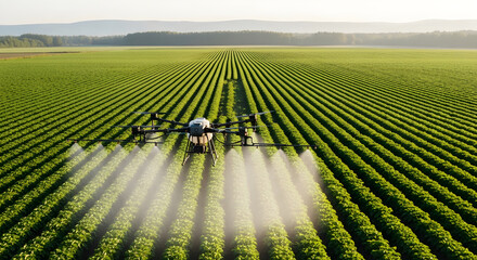 Fototapeta premium Industrial agricultural drone spraying crops in a large green field