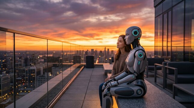 Halloween ai companion woman and robot gazing at sunset cityscape