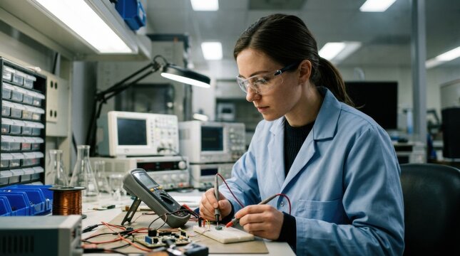 Medium shot of a researcher measuring electrical resistance in a low ESR capacitor utilizing solidstate conductive polymer electrolytes for enhanced energy efficiency.