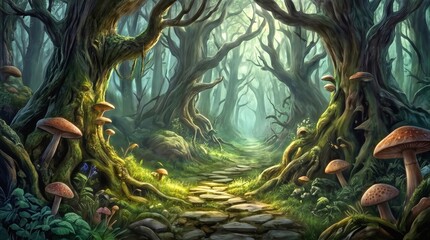 Fototapeta premium Mossy stone path winding through a magical forest with gnarled trees and large wild mushrooms. Whimsical woodland landscape with soft light filtering through the canopy.