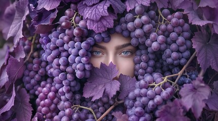 Fototapeta premium Blue-eyed woman peeking through clusters of purple grapes and vine leaves. Surreal portrait of female face framed by ripe fruit in vineyard setting.