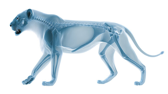 Transparent anatomical big cat model displaying internal organs and skeletal structure. Educational visualization for biology, veterinary science and zoology.