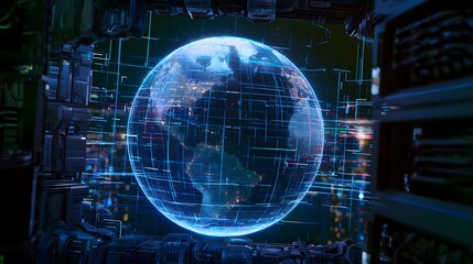 Fototapeta premium Global data network core illuminates a holographic Earth within a futuristic cyberpunk server chamber