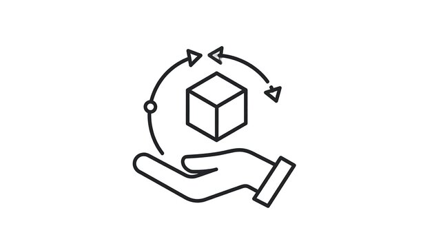 A linear icon depicting a hand holding a rotating cube. Arrows encircle the object suggesting ongoing cycles