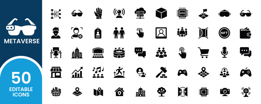 Metaverse icons featuring silhouette graphics for virtual reality and technology concepts, editable icons