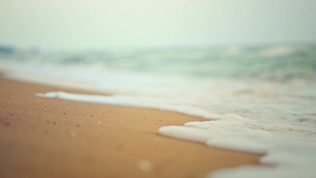 Beautiful sea waves with white foam washing onto golden sandy beach at sunset. Low-angle shoreline view captures a peaceful nature atmosphere, ideal for summer travel, vacation, and wellness concepts.