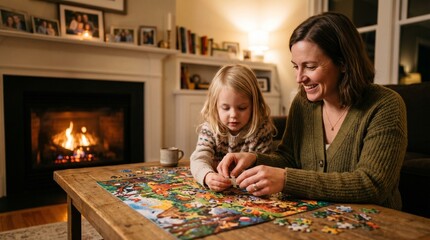 Fototapeta premium Mother and daughter enjoying a cozy evening by the fireplace while assembling a colorful puzzle together