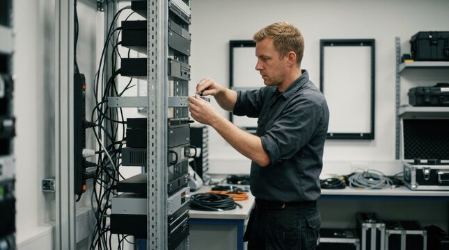 Medium shot of a technician assembling a modular broadcast rack system with wallmounted frames and rails for customizable AV equipment installation.