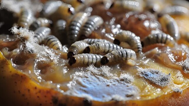 Closeup of a cluster of maggots feeding on decaying organic matter.