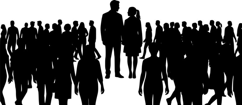 silhouettes of two people in a crowd
