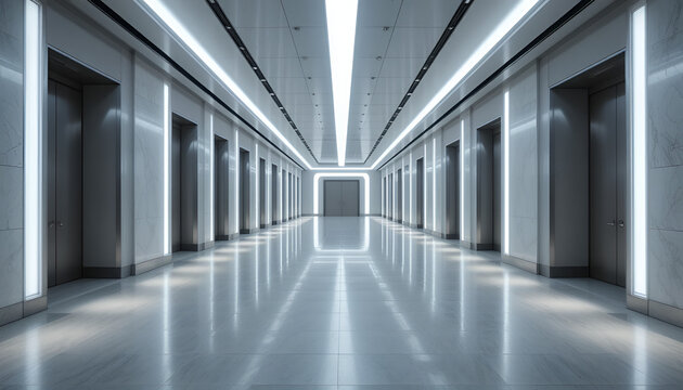 Modern office building corridor with multiple elevators and sleek lighting empty hallway with reflective floor
