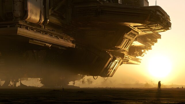 Retro Mining Platform on Alien Desert A Lone Figure Silhouetted by Golden Sunset Light