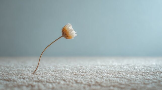 Delicate dried wildflower droops on textured surface against soft blue background