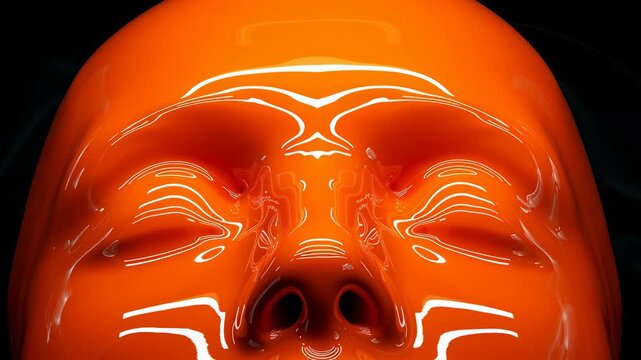 Futuristic glossy orange humanoid face with closed eyes against dark background shiny reflection liquid material