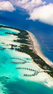 Bora Bora Island, French Polynesia. Aerial view of the island. Vertical video