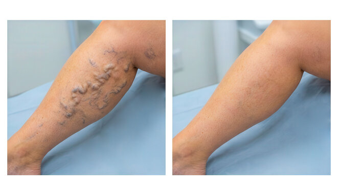 Ultra-realistic medical before-and-after visualization of sclerotherapy treatment for varicose veins on female legs.