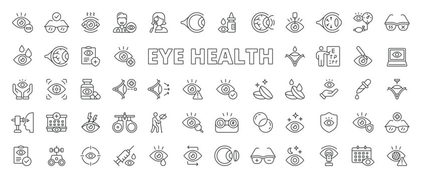 Eye health icons in line design. eye health, vision, eyesight, ophthalmology, glasses, contact lens, eye care on white background vector. Eye health editable stroke icons.