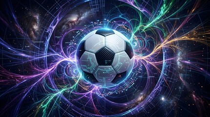Fototapeta premium Cosmic Football Nexus: A football floats at the center of a vibrant, swirling nexus of cosmic energy, digital patterns, and nebulous starlight, representing the global phenomenon of the sport.