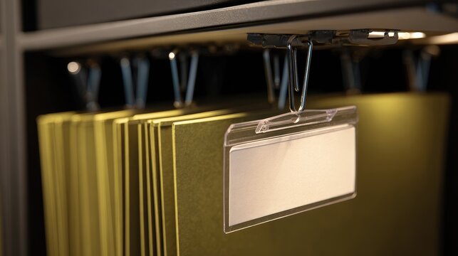 Rows of golden folders hang in a filing cabinet with clear label holders