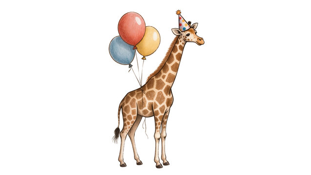Giraffe wearing party hat holding balloons, isolated on transparent background