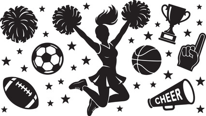 Black silhouette of cheerleader with sports icons © SHOFIQUL